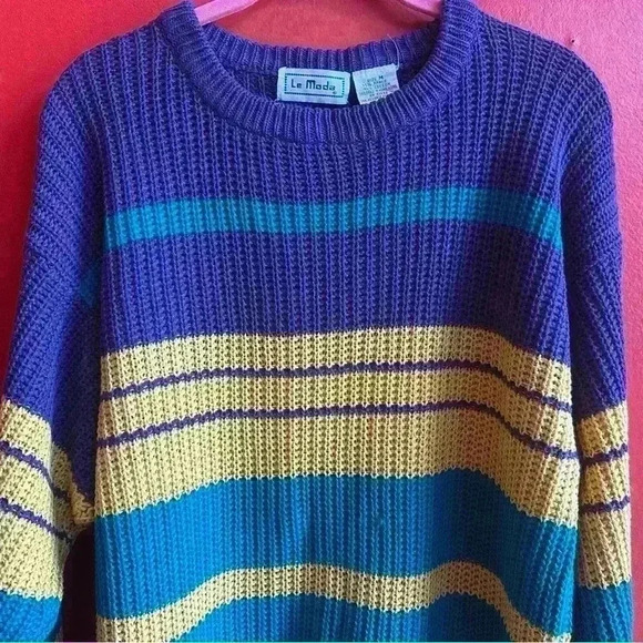 Vintage 90's thick knit pullover bright stripe sweater size Medium - Picture 4 of 7